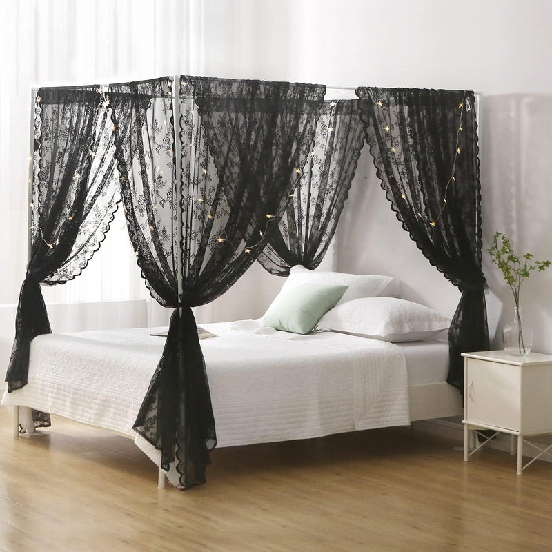 WANFASO Black French Lace Canopy Bed Curtain Queen, Gothic Style Bed Canopy for Girls Bed Scarf Room Decor - Image 2